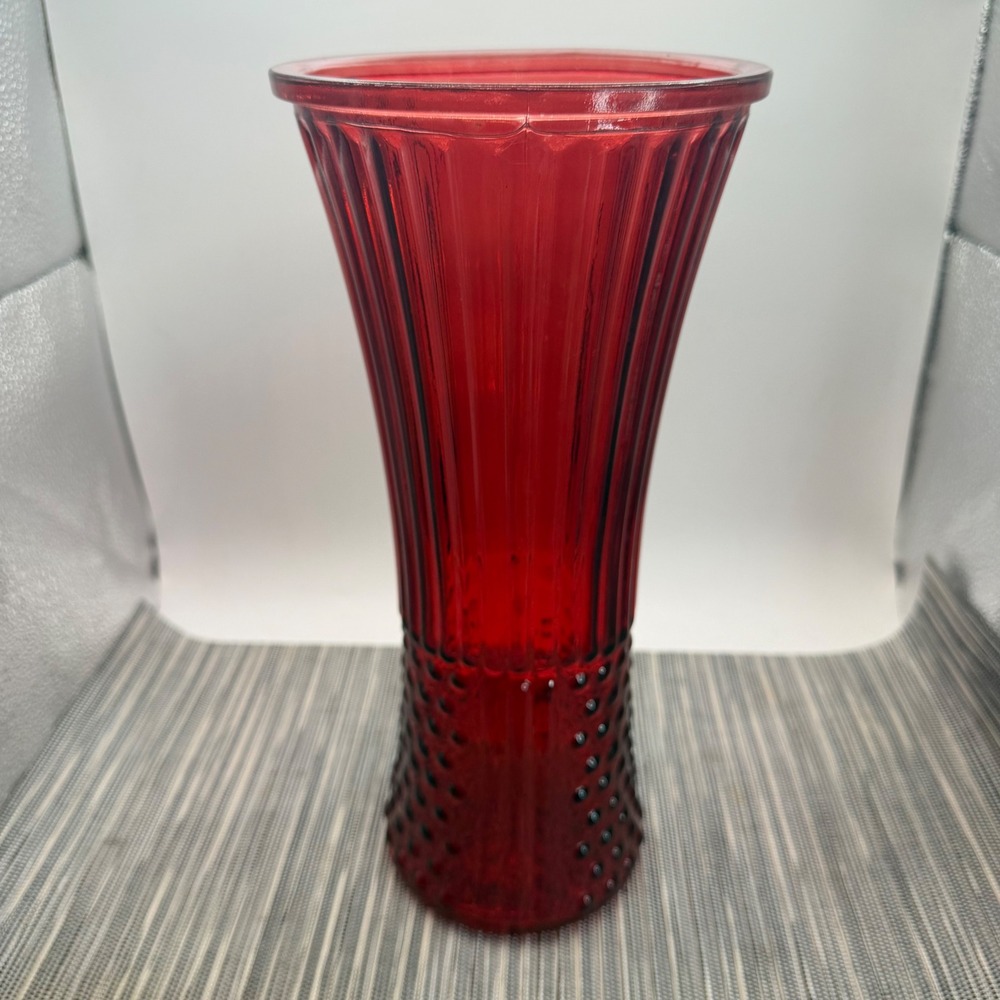 Vintage Ruby Red Glass Vase Hobnail Ribbed Tall 11.5 Inch Mid Century Modern MCM
